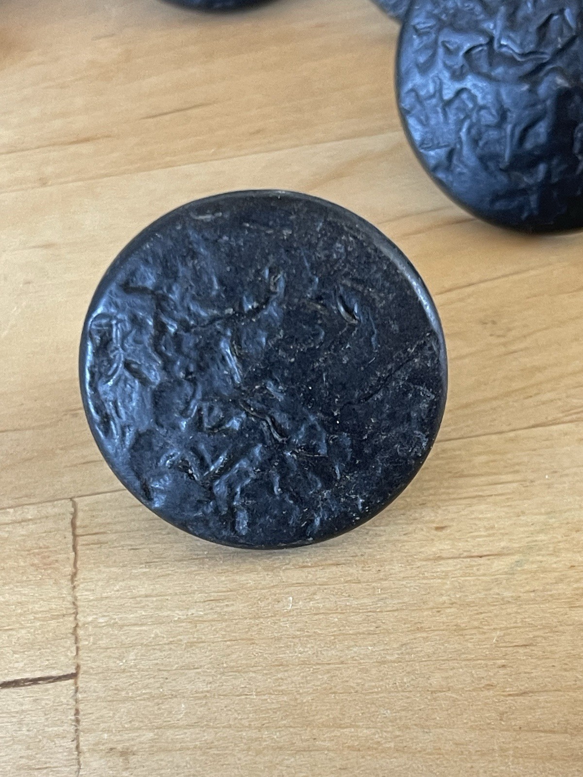 6 Vintage Mid Century Black Knob Drawer Pulls Textured Round 1.25” W/Screws
