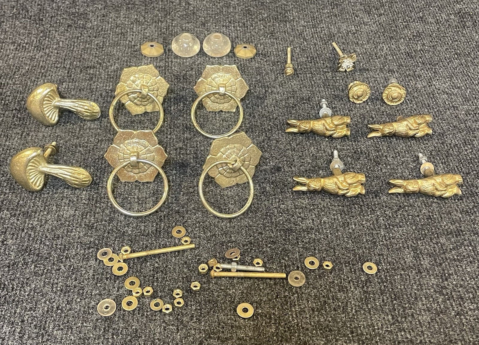 Lot 15 Vintage Brass Drawer Pulls Knobs Whimsical Mushroom Rabbit Flower Crystal
