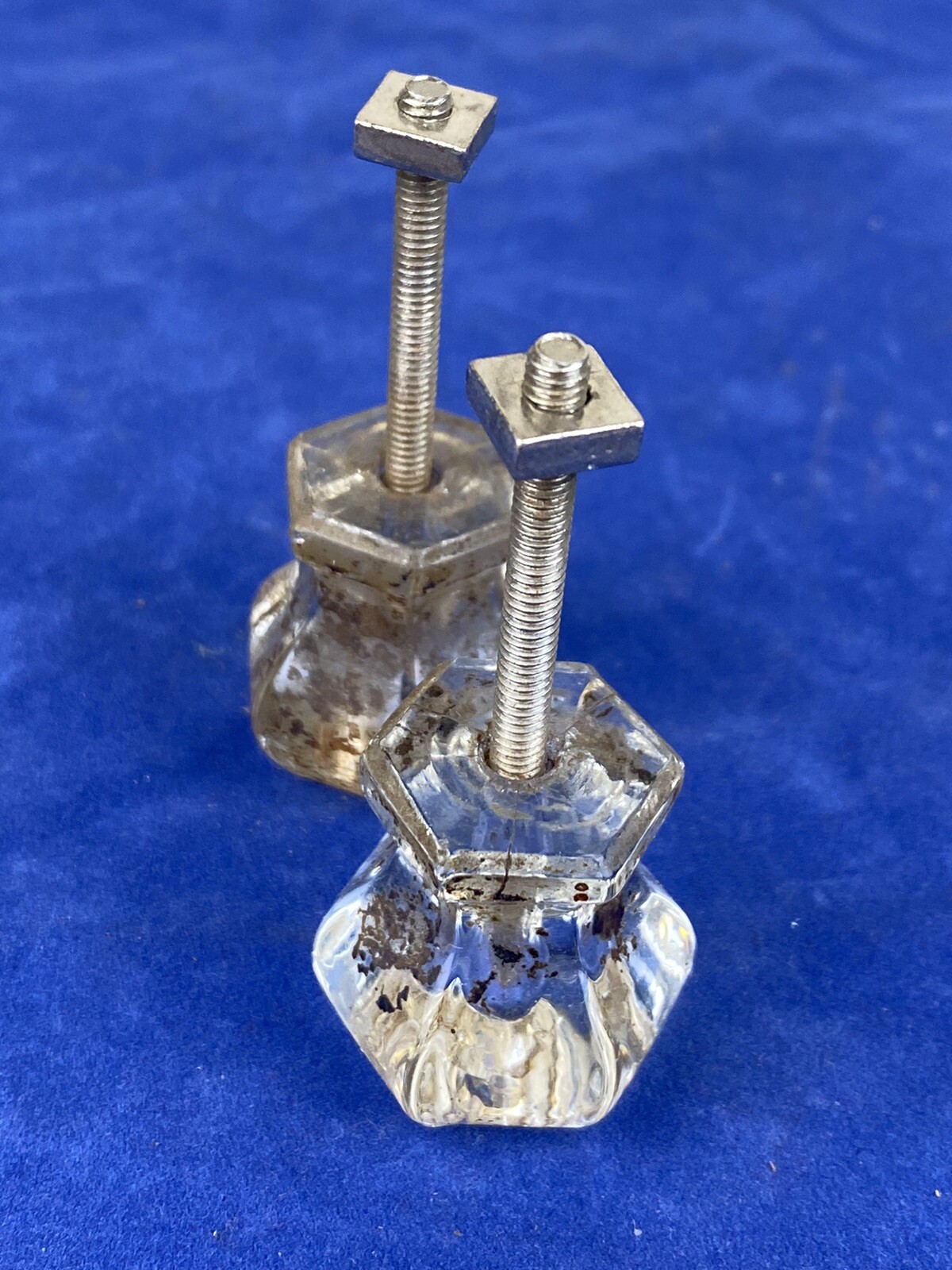 Pair Antique 6 Sided Hexagon Glass Pulls, Cabinet or Drawer Pulls, No Chips!