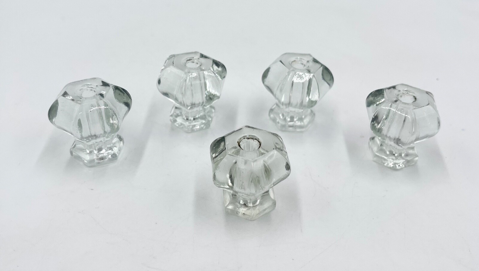 Lot of 5 Vintage Clear Glass 6-Sided Cabinet Pulls / Drawer Knobs, Small Hex Top