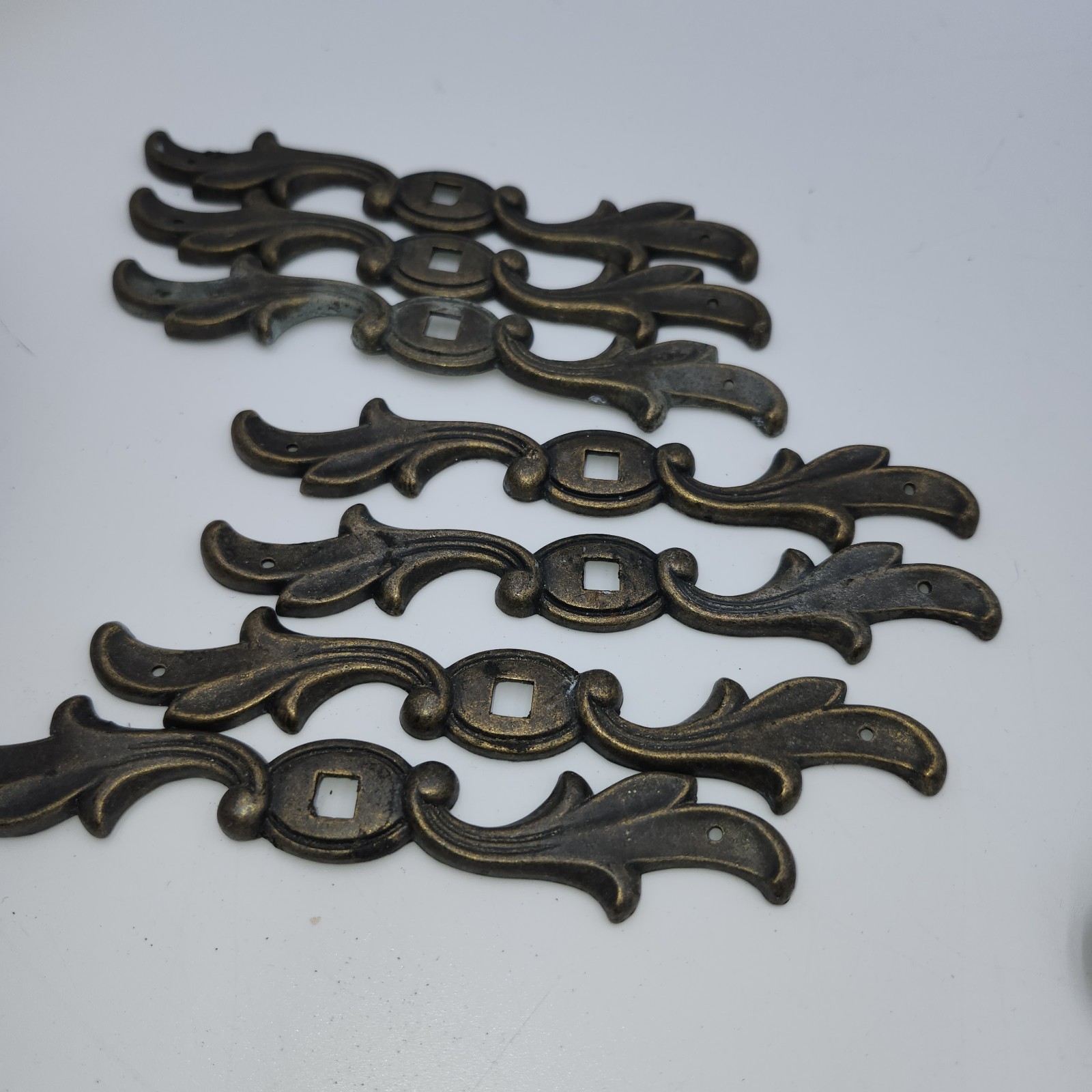 7 vintage ANTIQUE BRASS DRAWER CABINET back plate knob