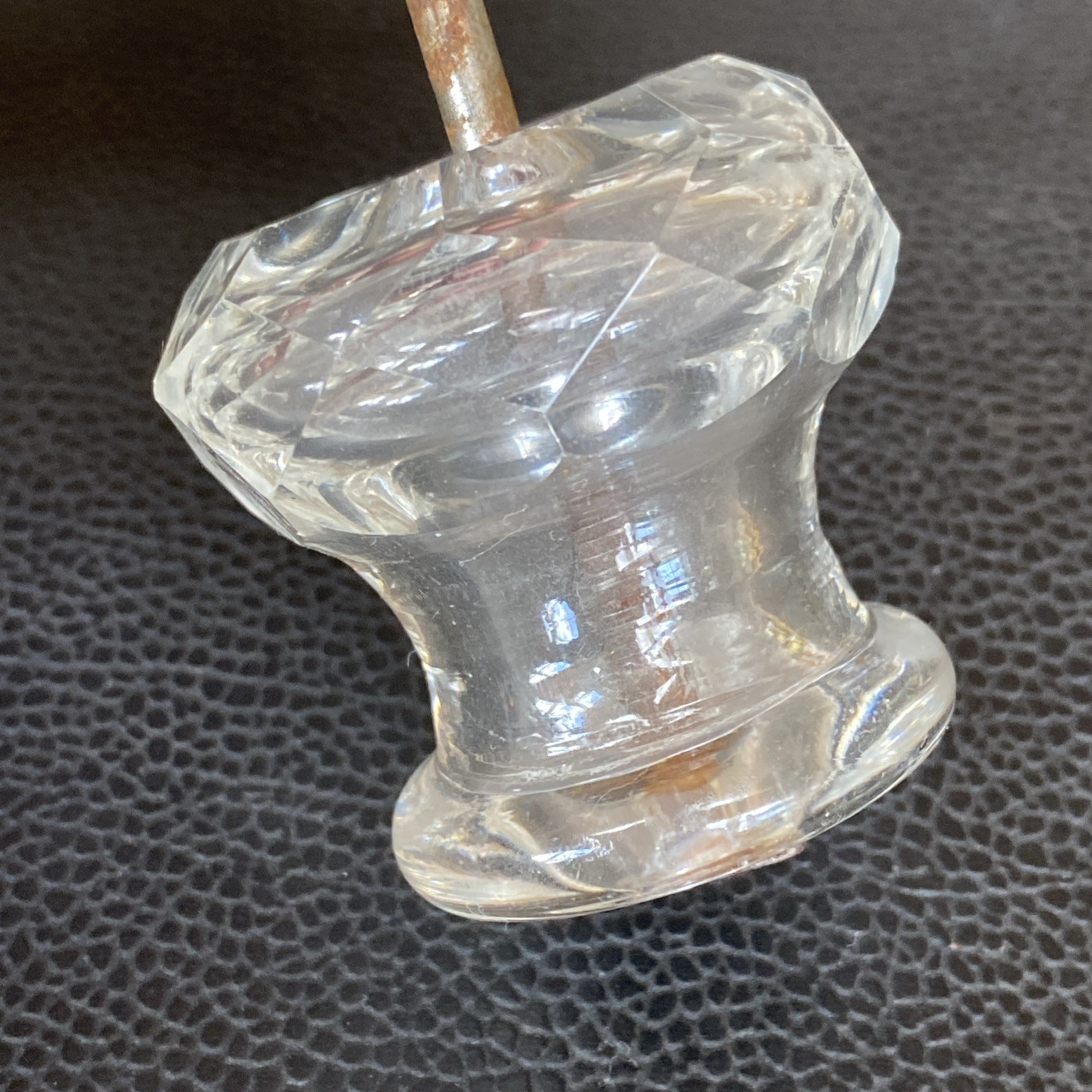 Faceted 1.75”x1-5/8” Antique Pressed Clear Glass Sandwich Drawer Pull Post Bolt