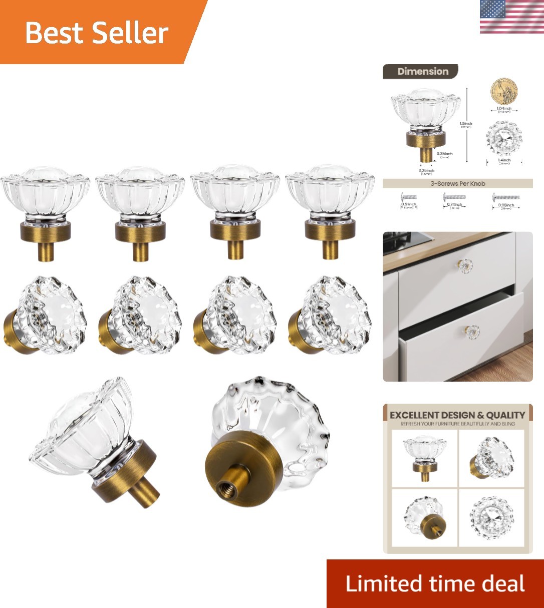 Elegant 8 Pack Antique Brass Glass Cabinet Knobs – Vintage Crystal Design