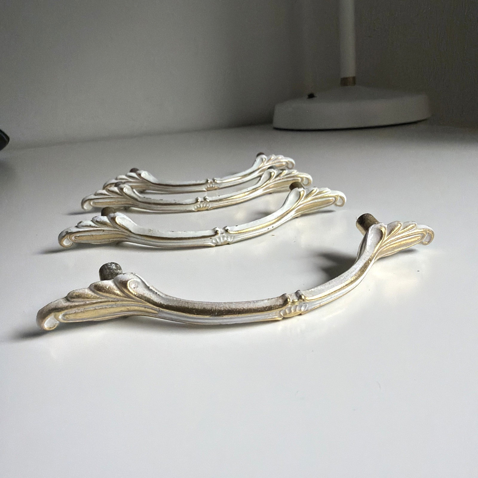 Vintage AJAX 989 4 Handles Cabinet Drawer Door Pull Gold White 3″ OC French Pro