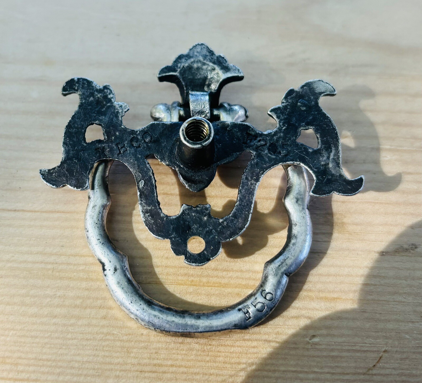 RARE Silver Nickel Antique Hardware Drawer Pull Victorian Brass Drop Ring F205
