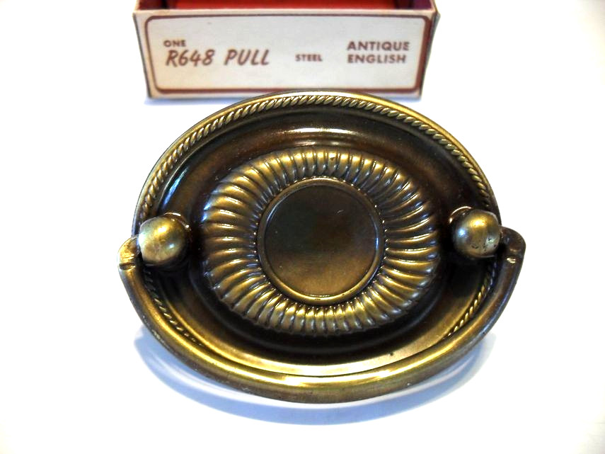 Vintage Nos Oval Antique English Brass Door Drawer Drop Bale Pull Handle