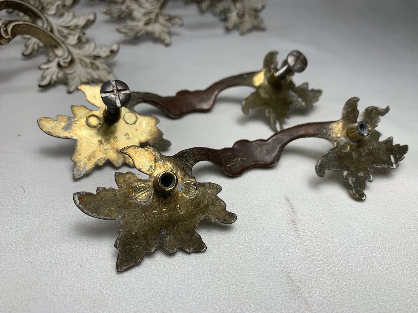 11 Vintage French Provincial Drawer Pulls 3″ centers + 4 Brass & White Coloring