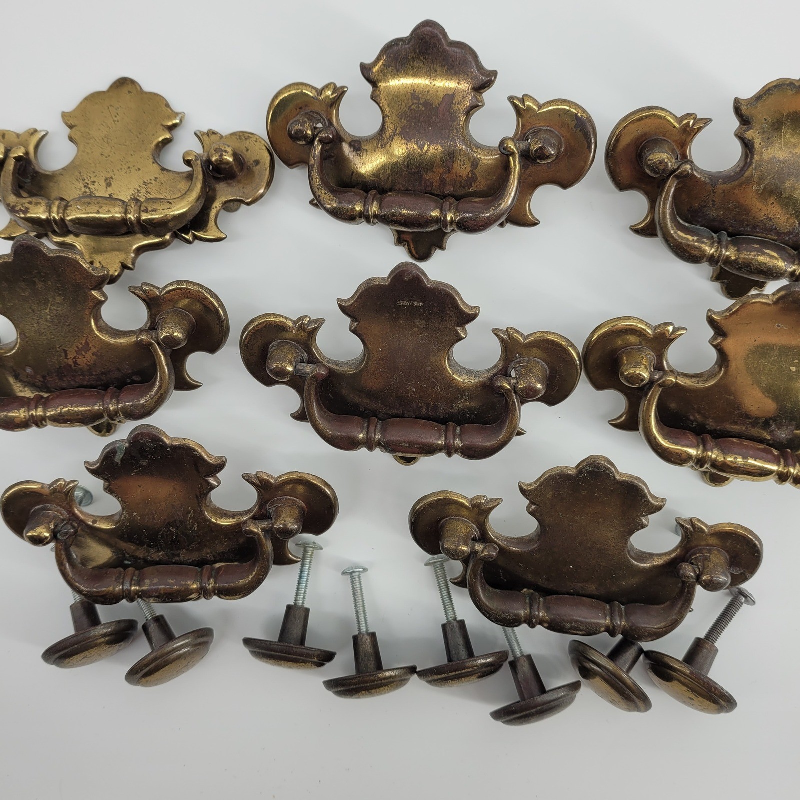 Vintage 1985 Brass Batwing Drawer Pulls and Knobs Set of 16 Chippendale 3″ Hole