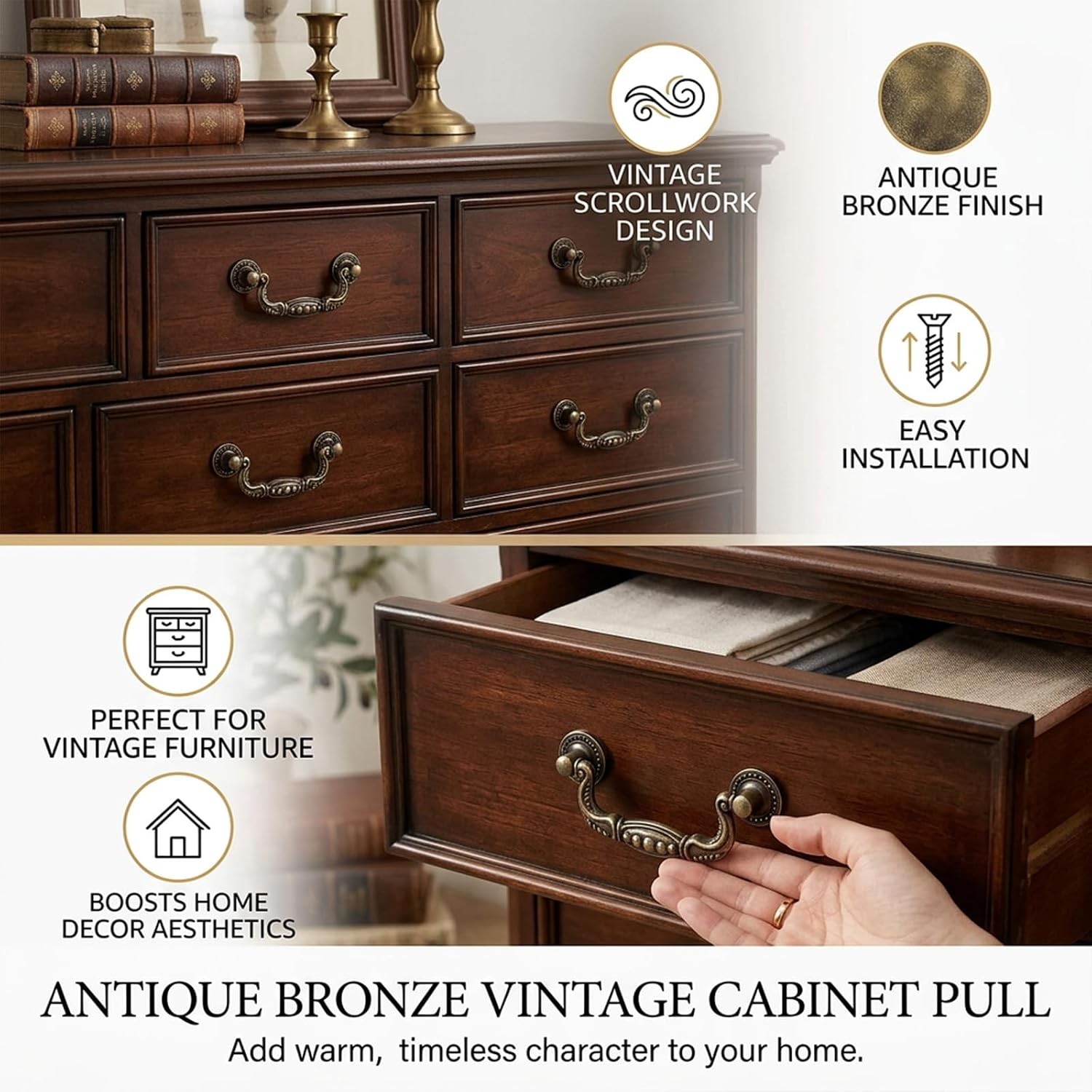 4Pcs Antique Bronze Drop Bail Handles Vintage Dresser Cabinet Drawer Pulls 3″