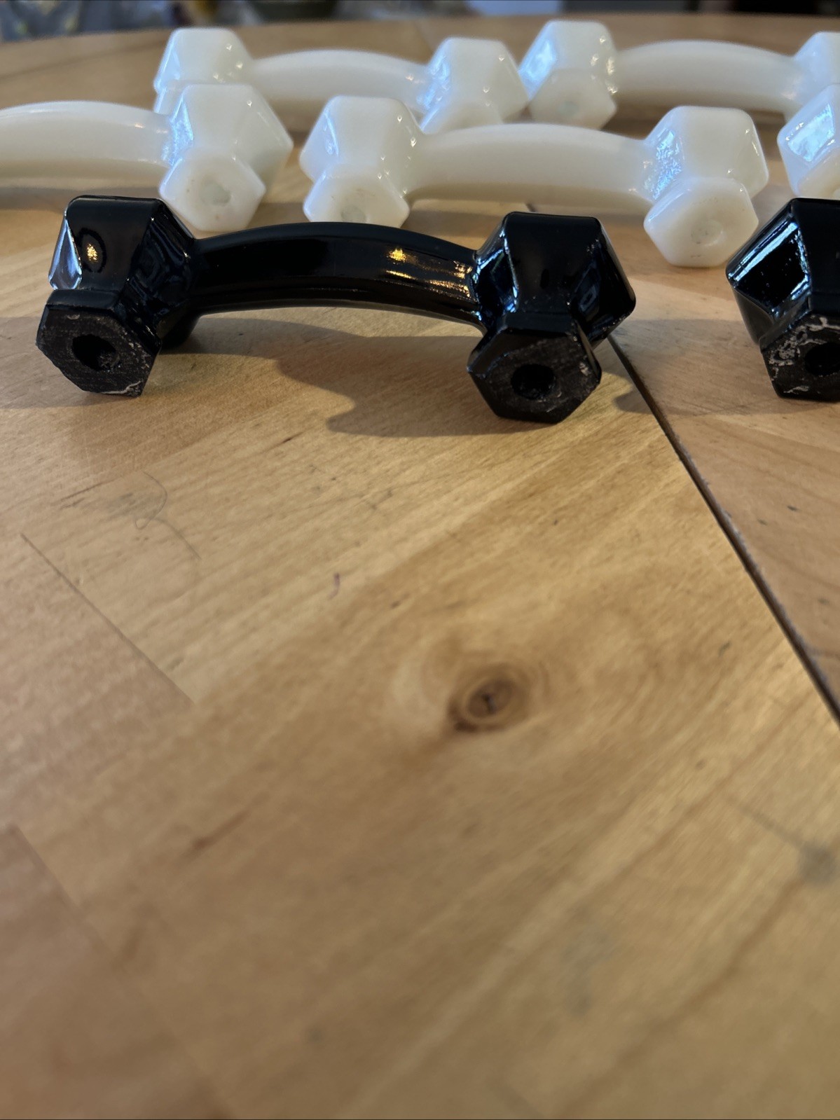 Lot 7 Vintage Milk & Black Glass Hex Cabinet Pulls 1930s–40s Art Deco Hardware
