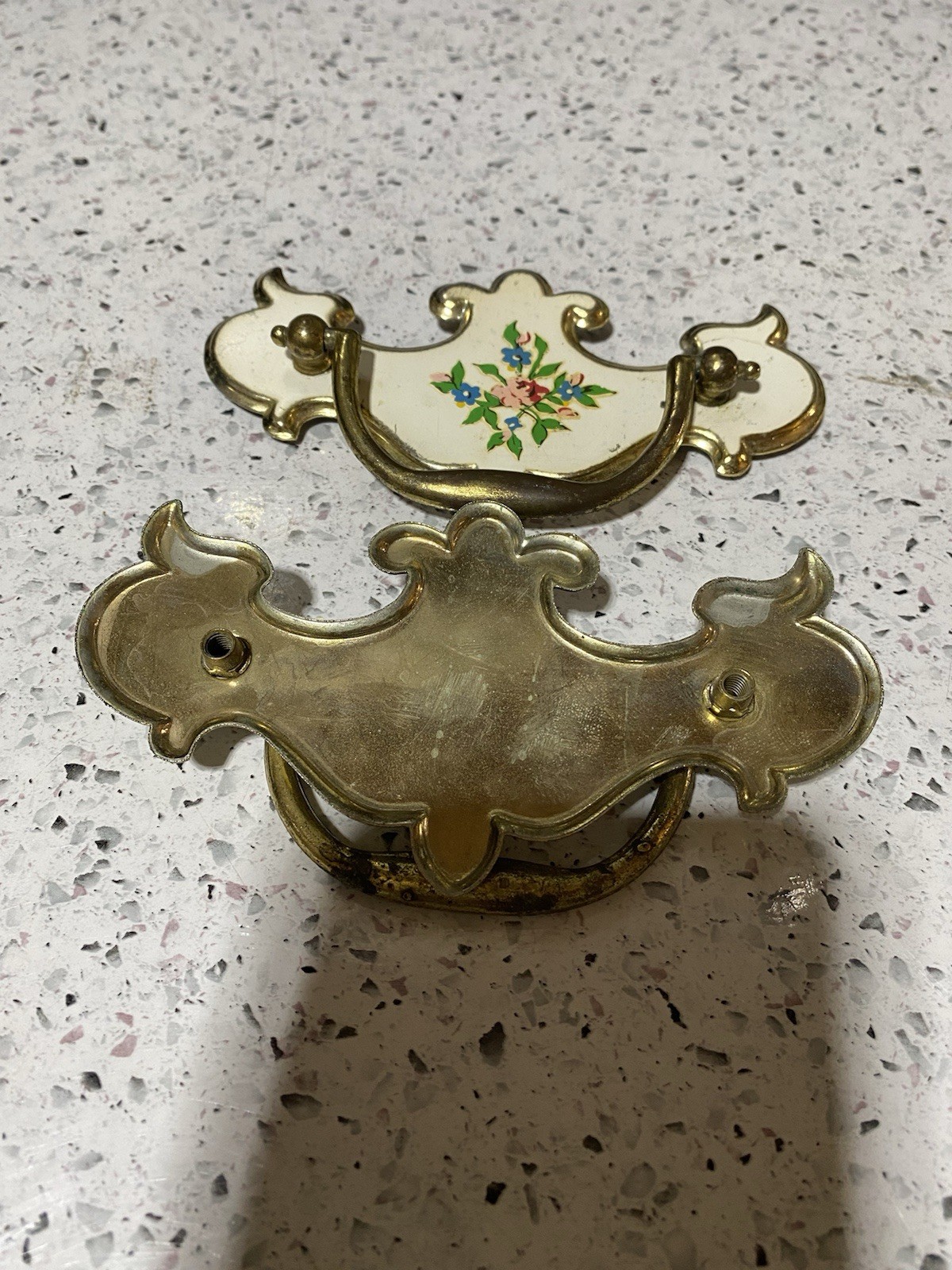Vintage Chippendale Queen Anne Furniture Bail Pulls Painted Floral Design 2