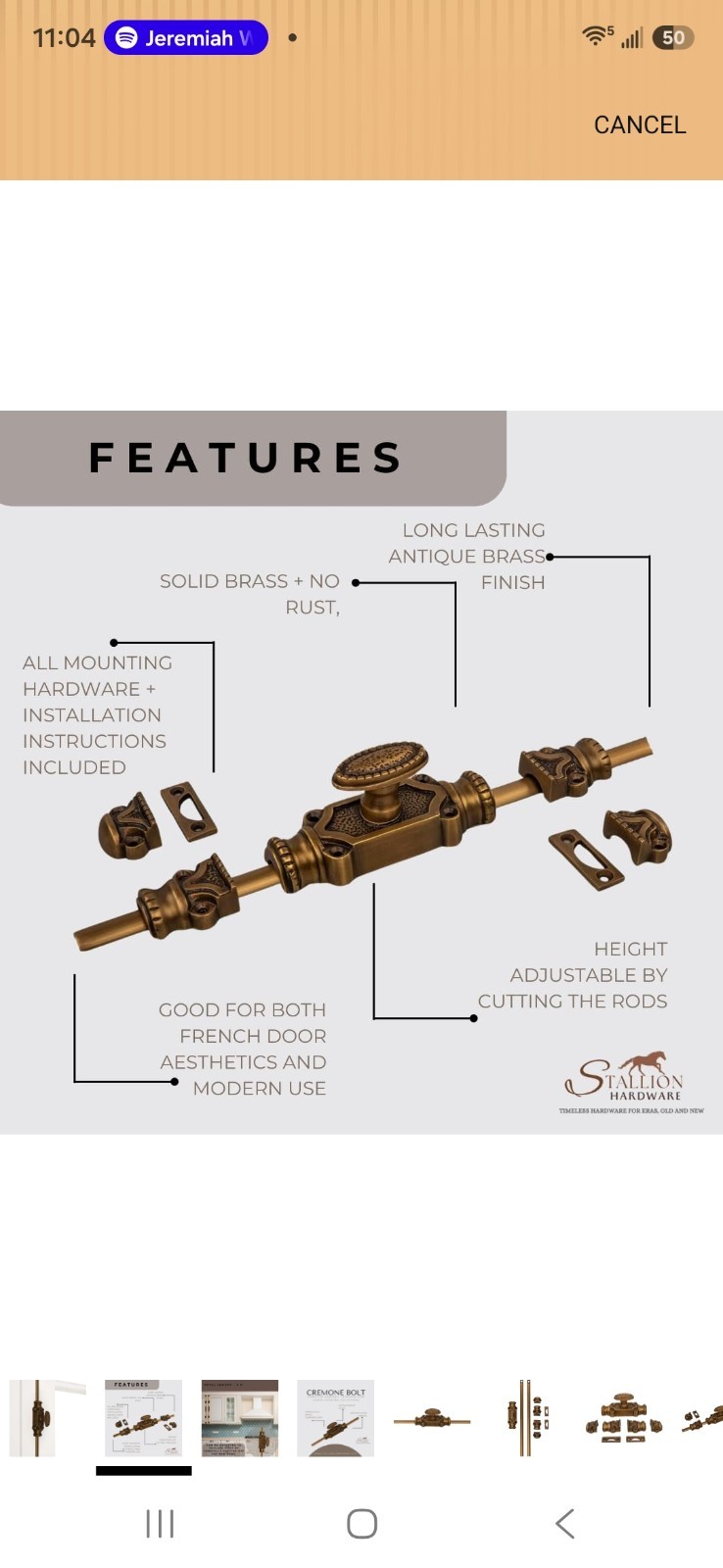 Antique Solid Brass Cremone Bolt Set | 2′ Rods & Handle | Cabinet Hardware