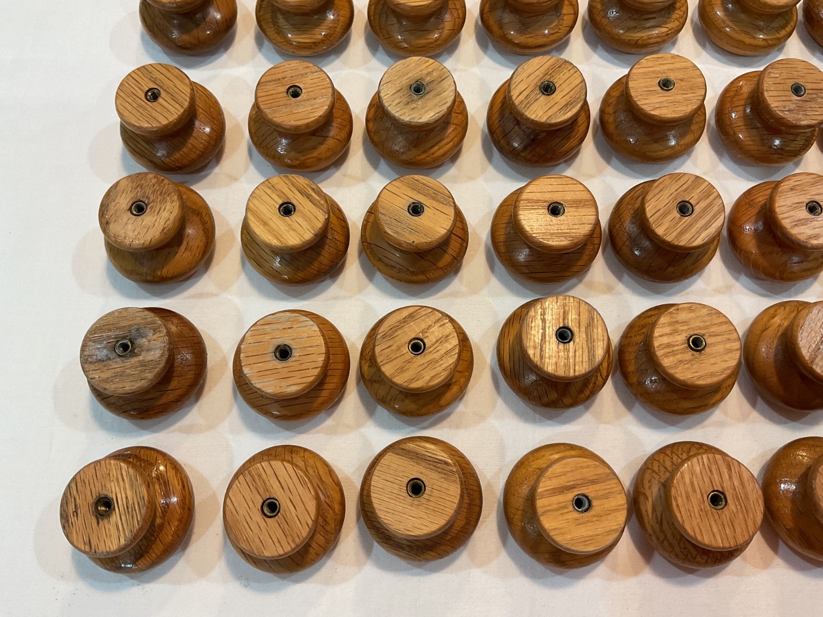 Lot 56 Vintage Wood Drawer Pull Knobs 1-1/2″ wide Natural Oak Color w Hardware