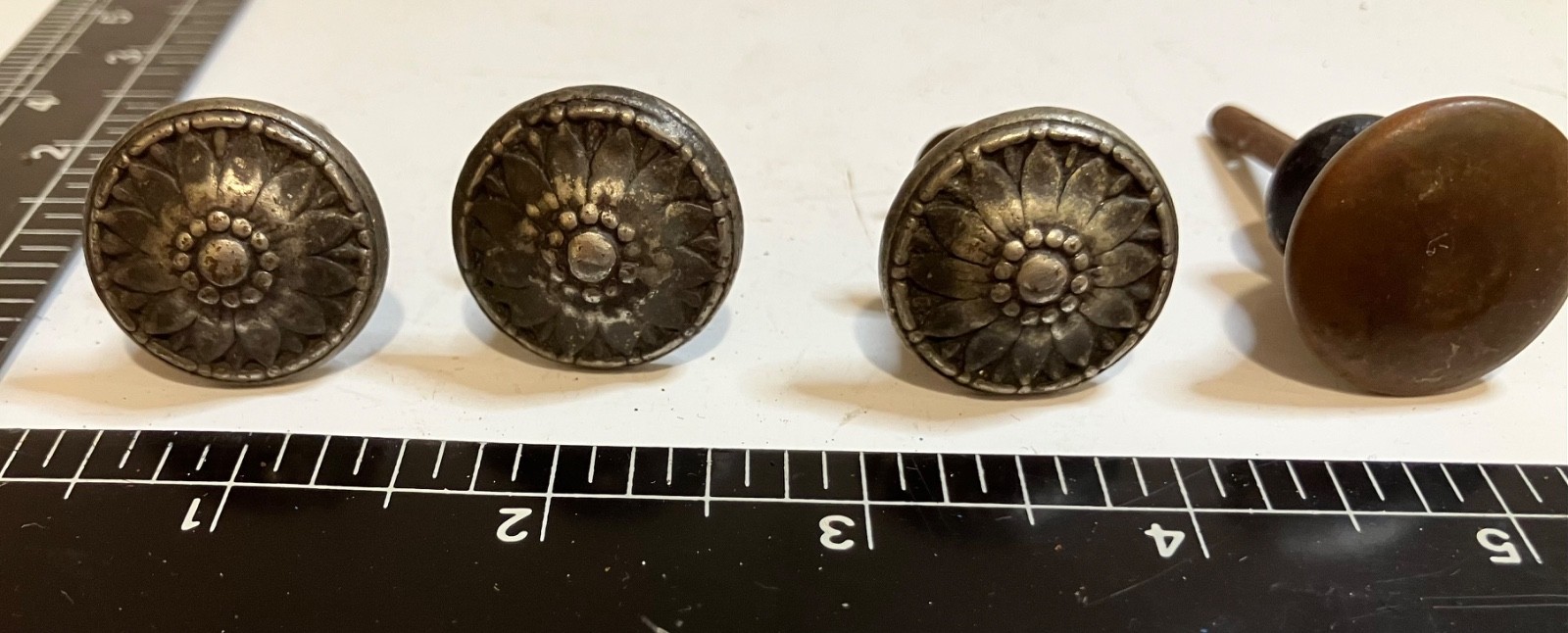 3 Vintage Pewter Round Floral Metal Cabinet Door Knob Drawer Pulls and one plain