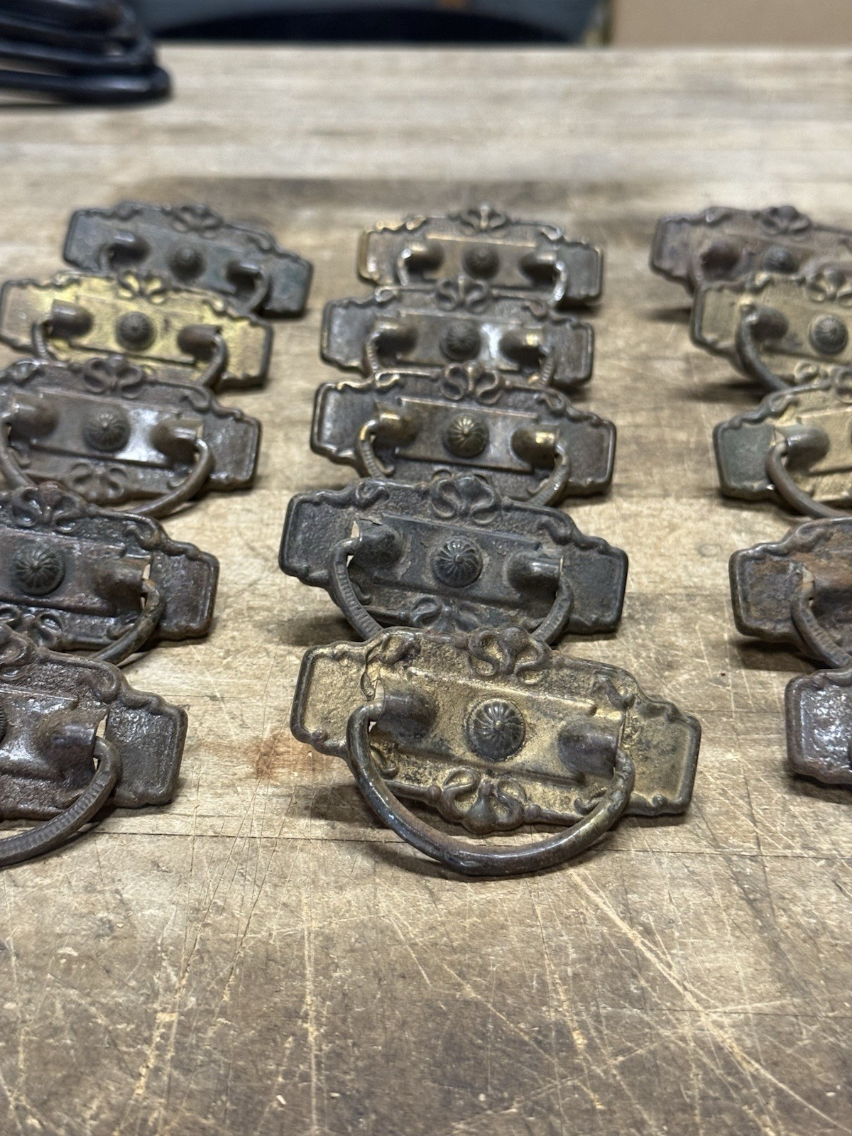 Antique Lot 15 Drawer dresser Pulls Cabinet Pulls- Detailed! – COMPLETE READY