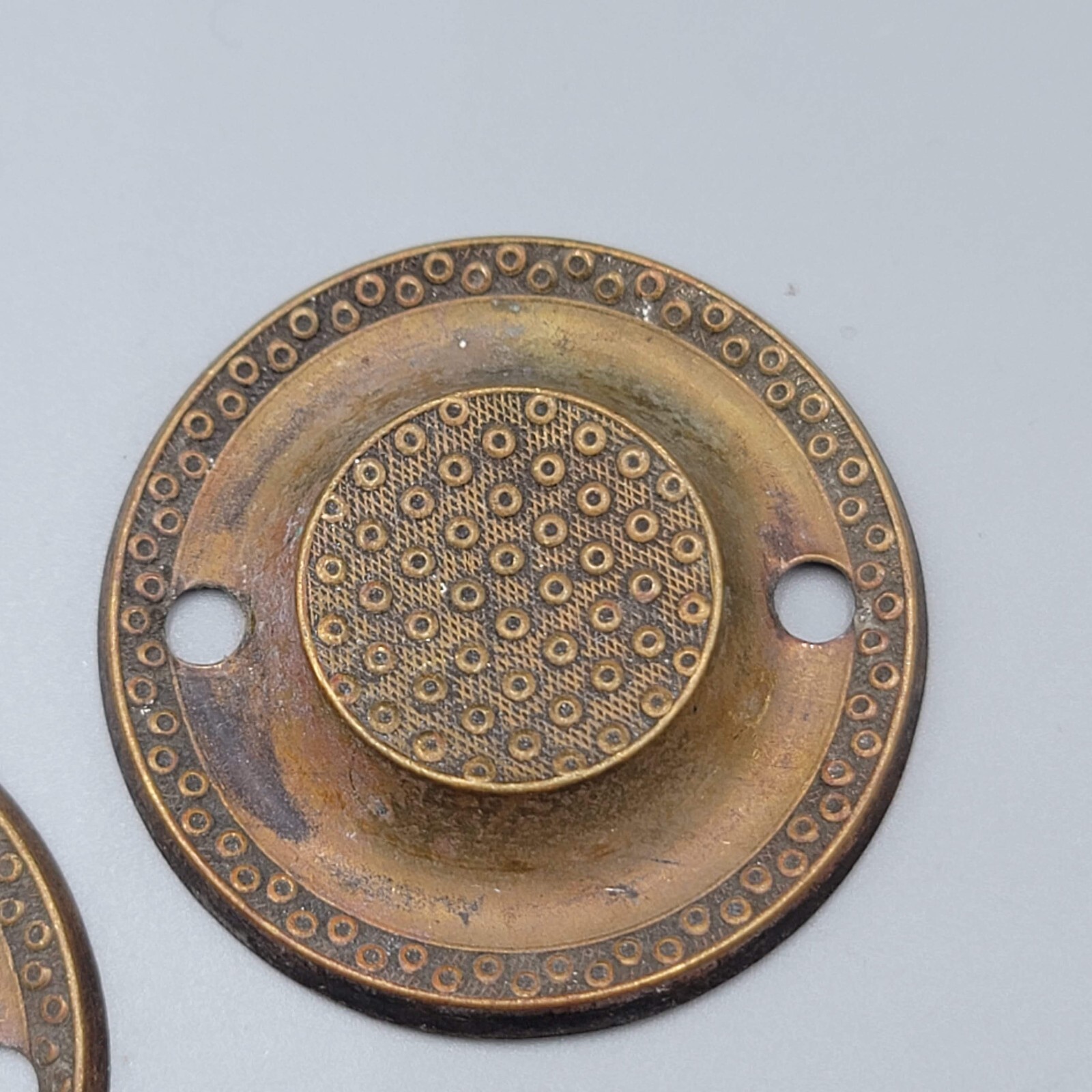 Vintage Brass Drawer Pull Backplate PAIR Round Embossed Bronze tone 2 in Salvage
