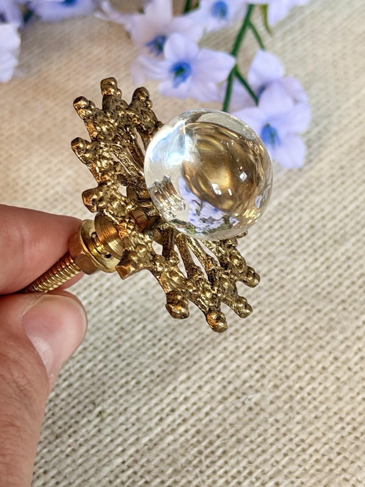 1 Antique Gold Clear Glass Ball Knob Drawer Pull Handle Cabinet Starburst Knob