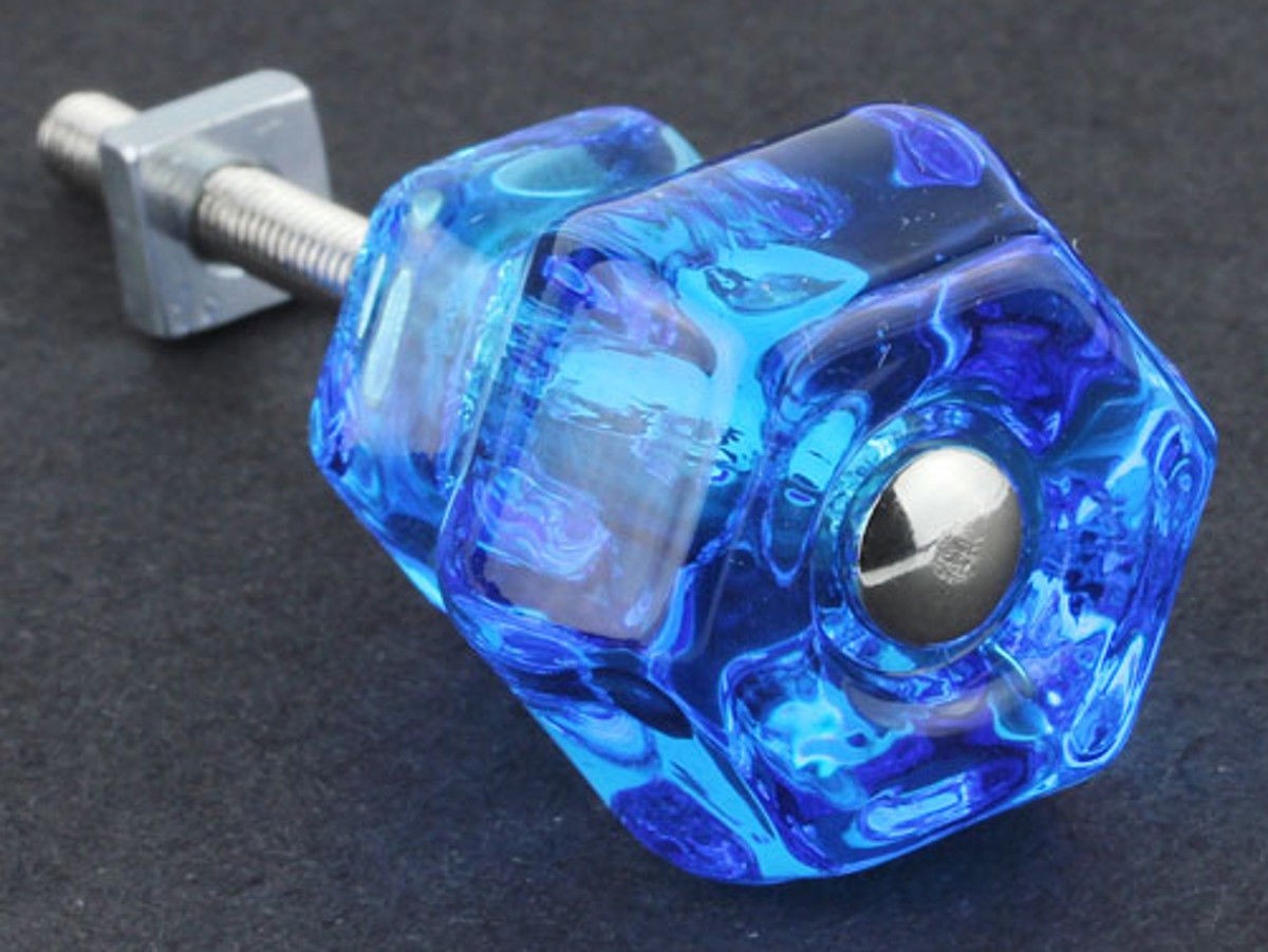 Vintage Style Depression Glass Cabinet Knobs Pull Victorian Peacock Blue Set 6