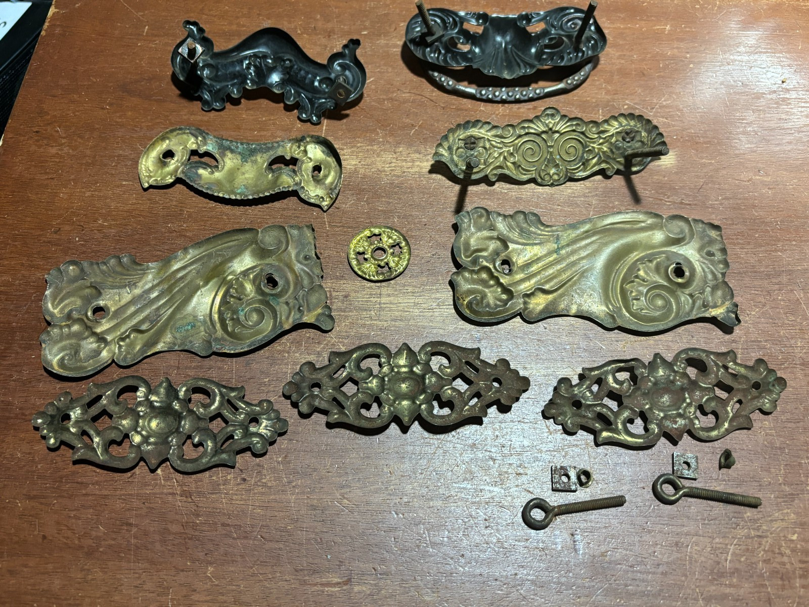 Lot of 9 Mixed Ornate Vintage Pressed Metal Drawer Backplates one with Pull