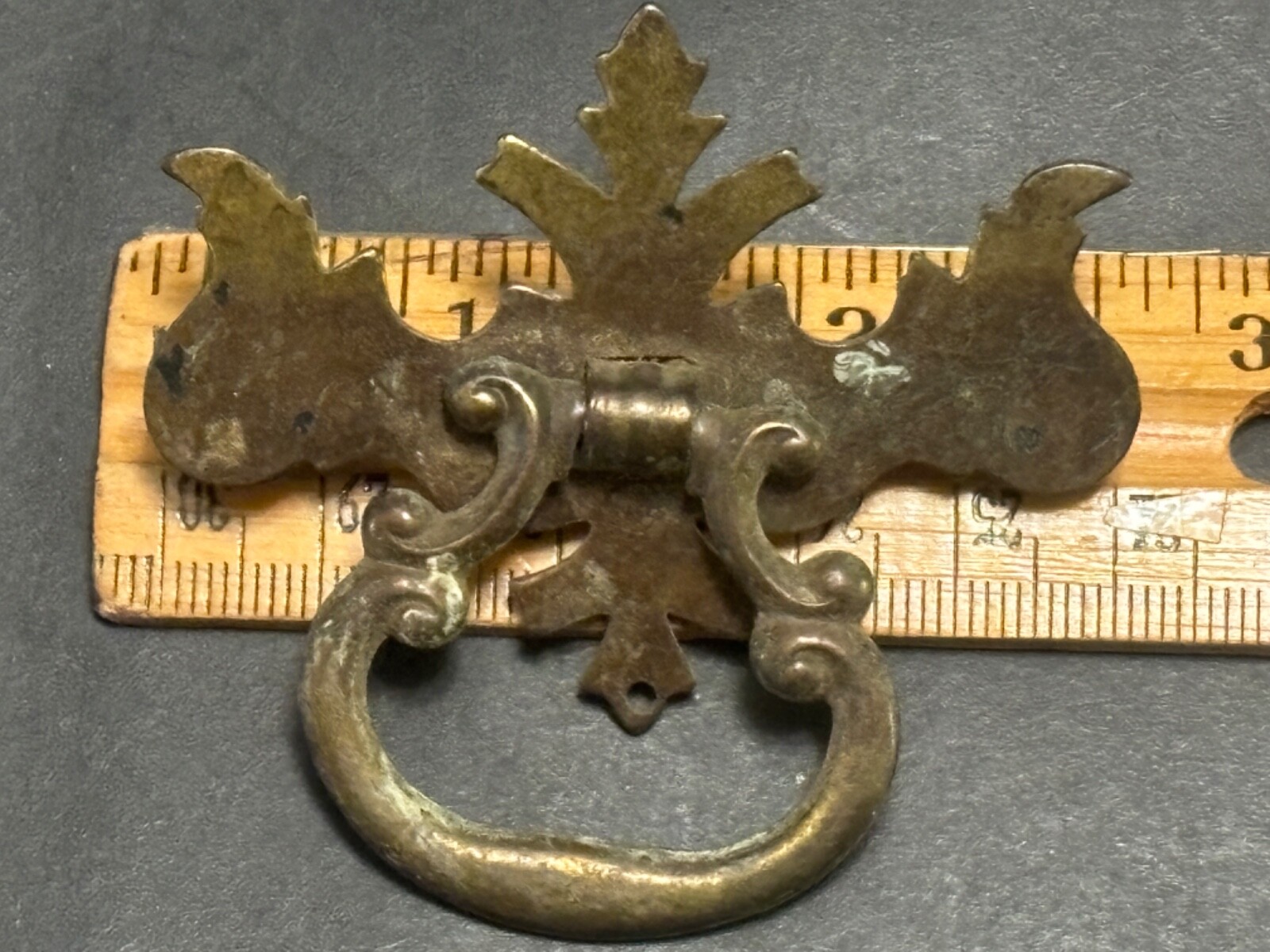Chippendale Batwing Vintage Stamped Metal Drawer Pull Brass Ring Hardware K602