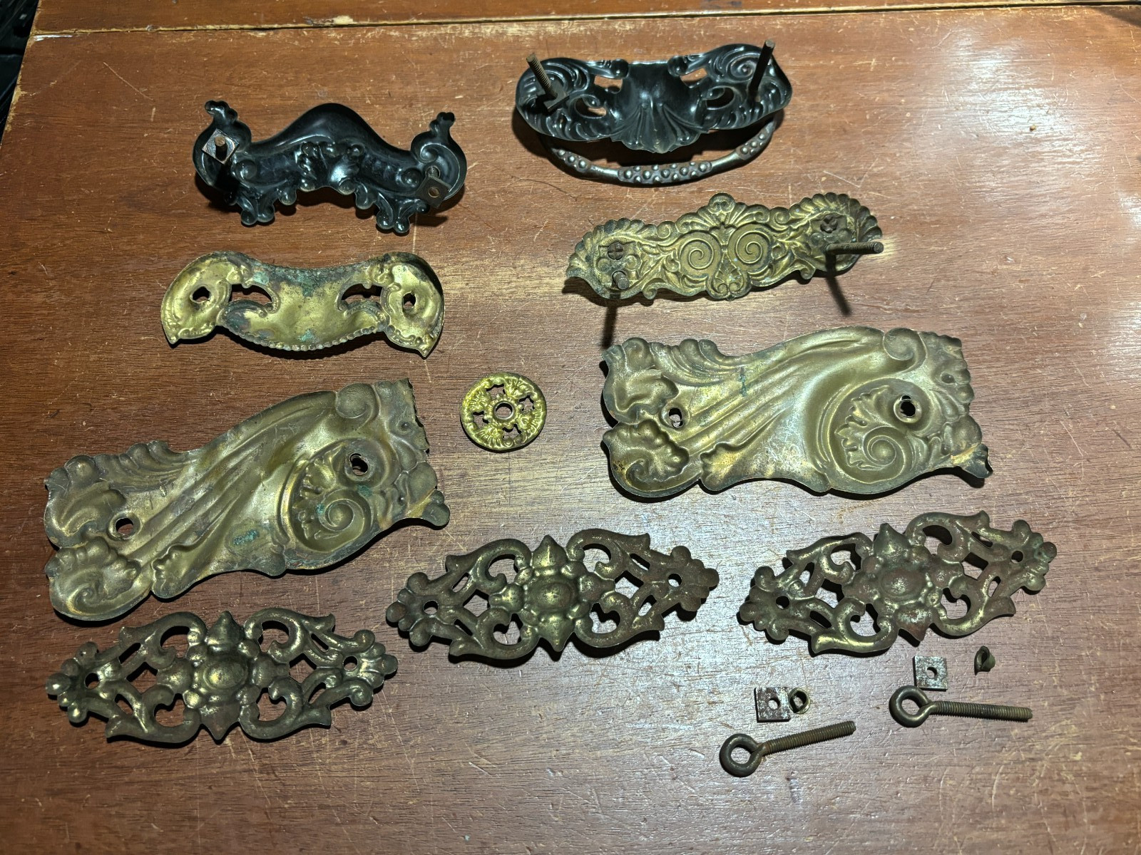 Lot of 9 Mixed Ornate Vintage Pressed Metal Drawer Backplates one with Pull