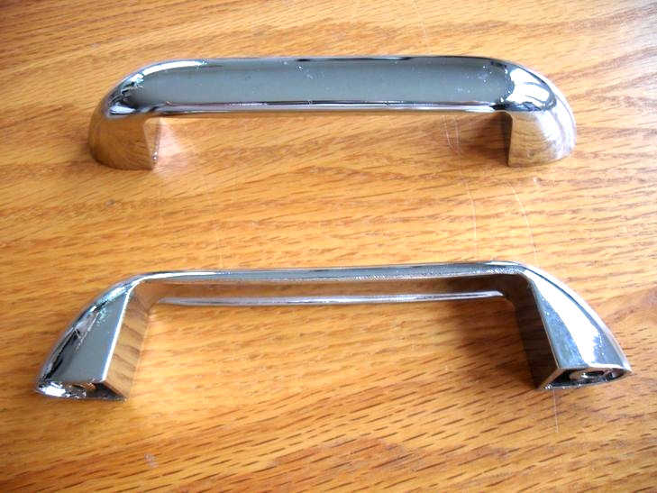 Two Vintage Chrome Drawer Pulls w Flared Bases Cabinet Door / Dresser Handles