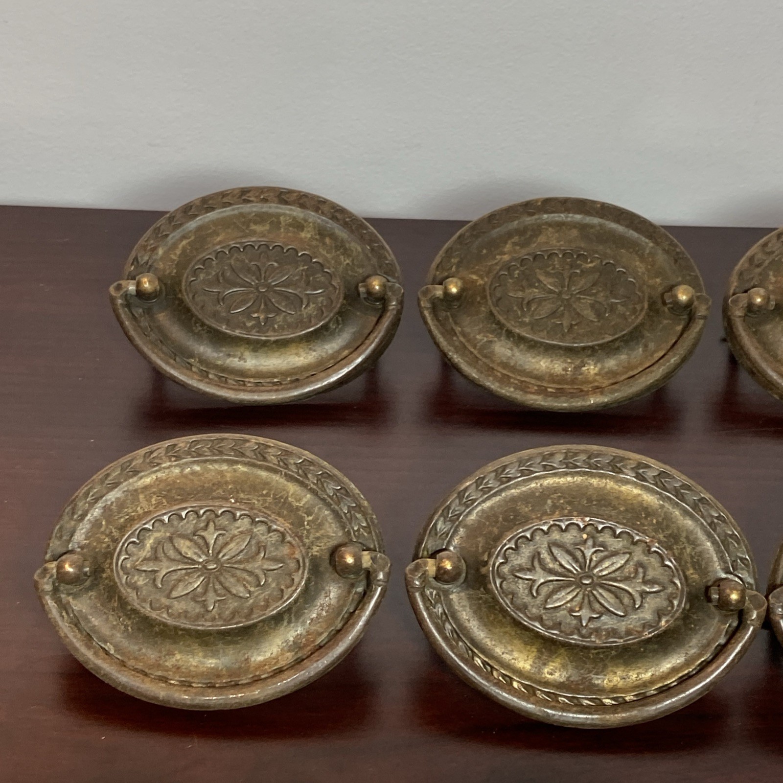 2.5” Hepplewhite Drop Bail Oval Antique Brass Plated 12 Vtg drawer Pulls handles