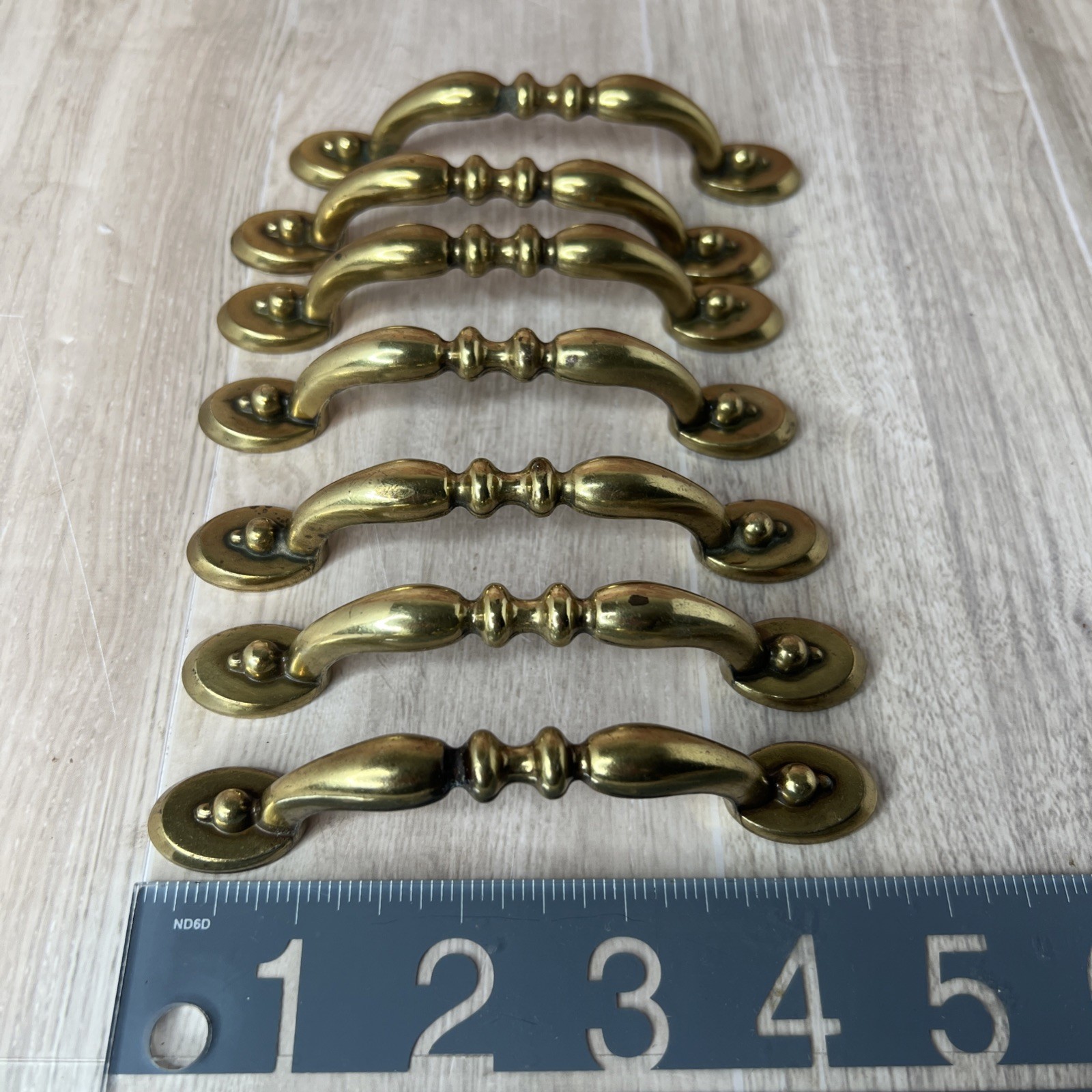 7 Antique MCM Brass Cabinet Handles 3 Inch on Center with Screws
