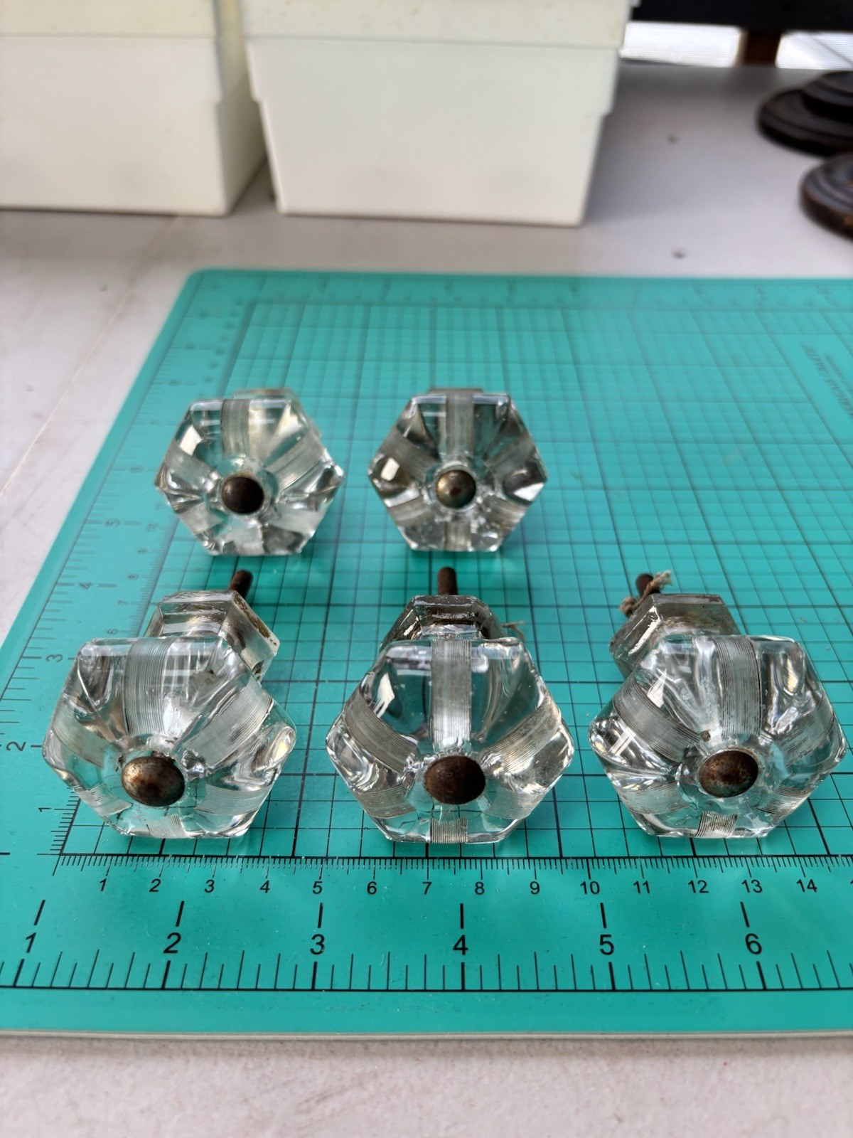 Antique Vintage Hexagon Crystal Glass Door Drawer Knobs Pulls Set Of 5