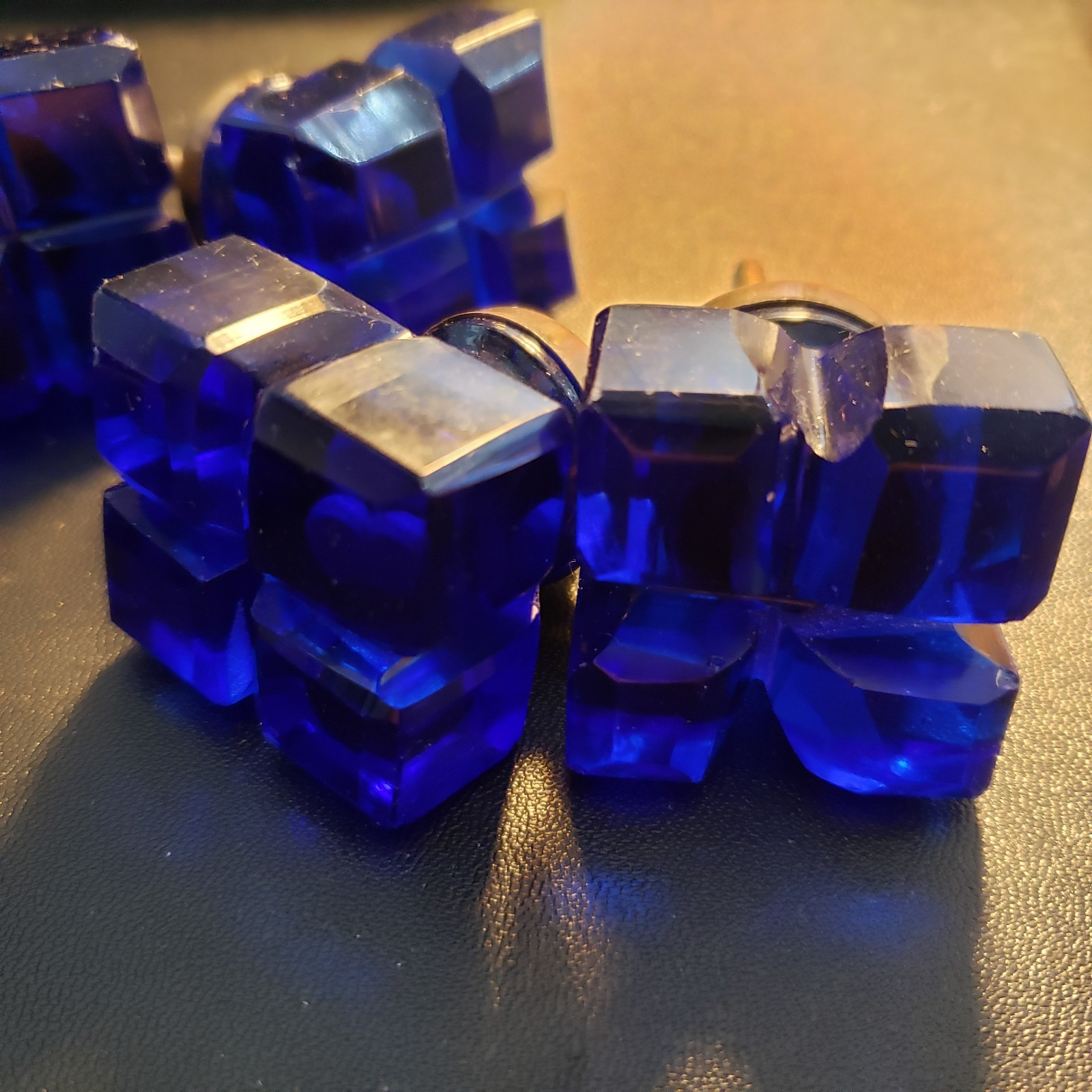 Vintage Cobalt Blue Cut Glass Square Drawer Knobs Pulls Brass Lot of 6