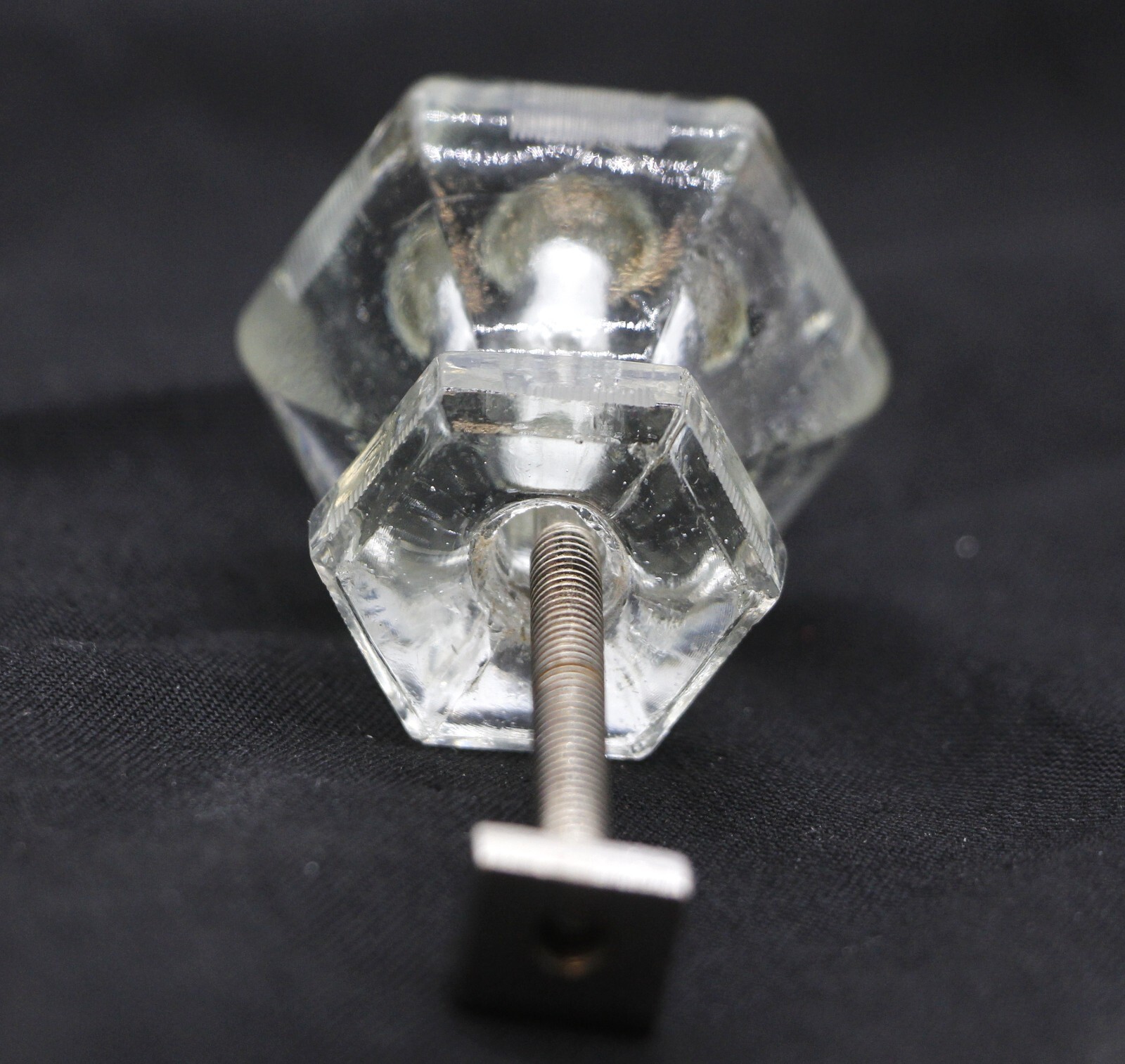 Vintage Hexagon Etched Lined 1.5 in. Glass Drawer Cabinet Knob