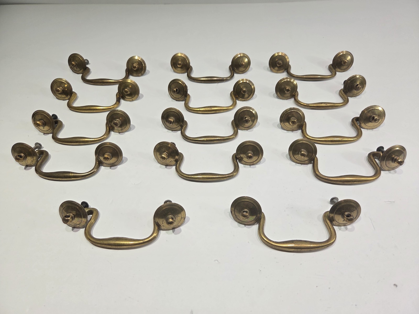 Lot 14 Vintage Cast Brass Swan Neck Bail Drawer Pulls Handles Restoration Metal