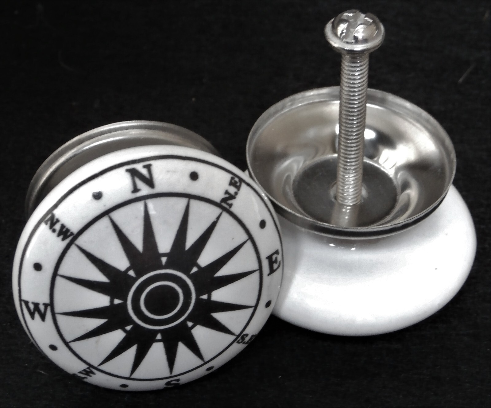 2 White Ceramic Nautical Hardware COMPASS Cabinet Drawer Pulls Dresser Knobs