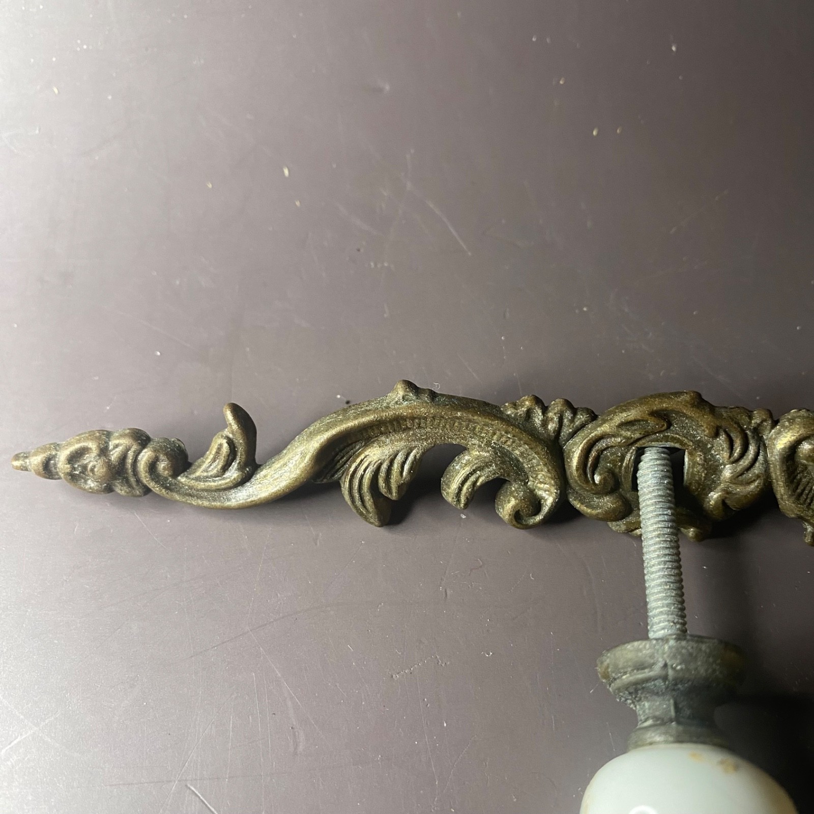 Vintage Metal And Porcelain Knob Ornate Drawer Pull