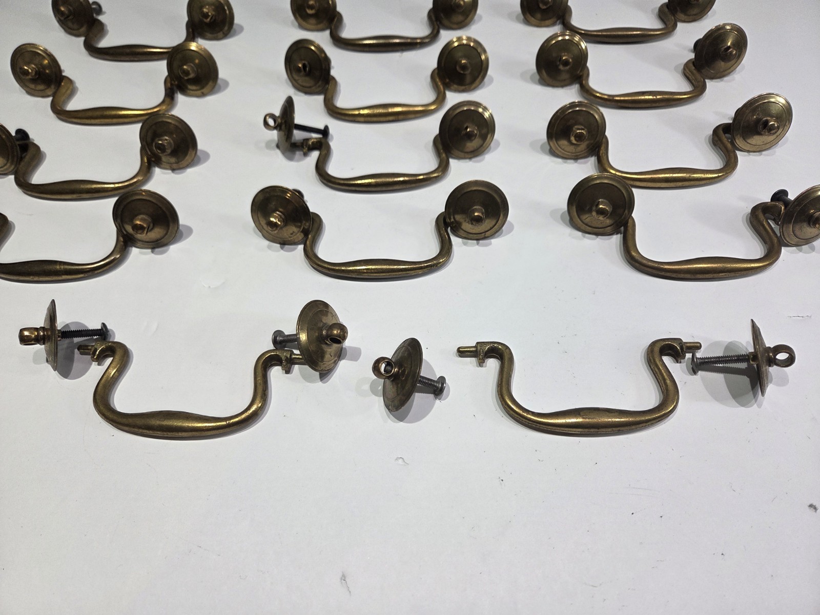 Lot 14 Vintage Cast Brass Swan Neck Bail Drawer Pulls Handles Restoration Metal