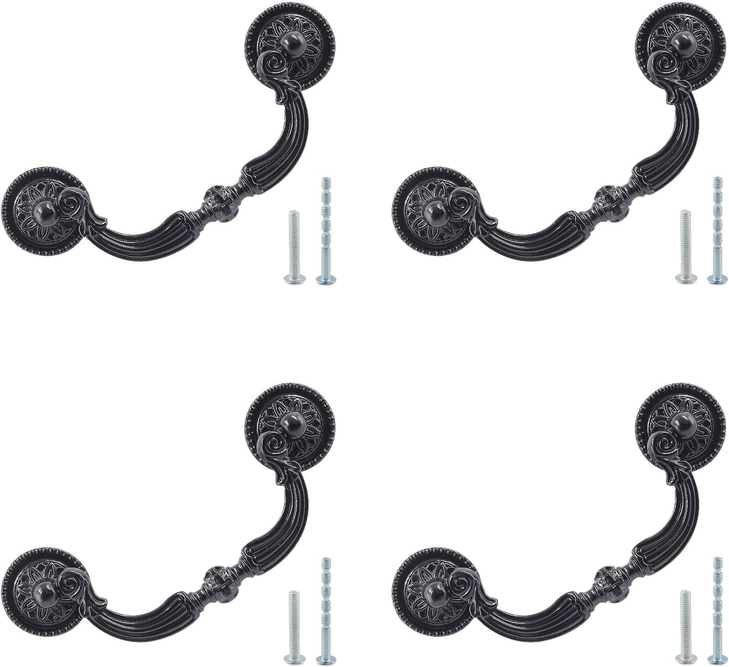 4 Pack Antique Drop Drawer Pull, 3.5 Inch Hole Center, Black | Vintage Bail