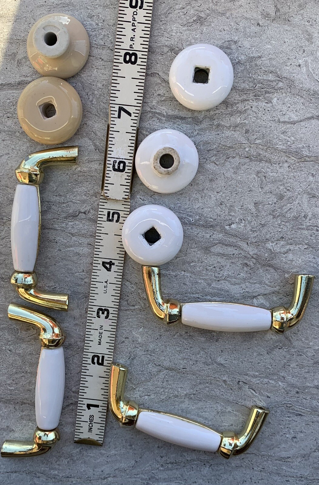 PORCELAIN HANDLES PULLS 4 Brass Handles 5 Pulls LOT OF 9 Mixed White Beige