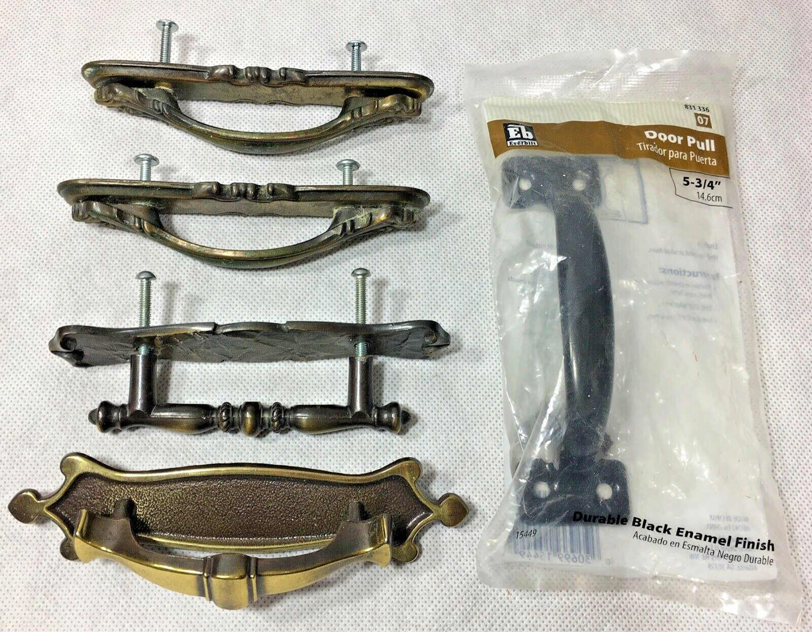 Vintage Brass Drawer Pull Handles Lot of 4 & Everbilt Door Pull Black Enamel