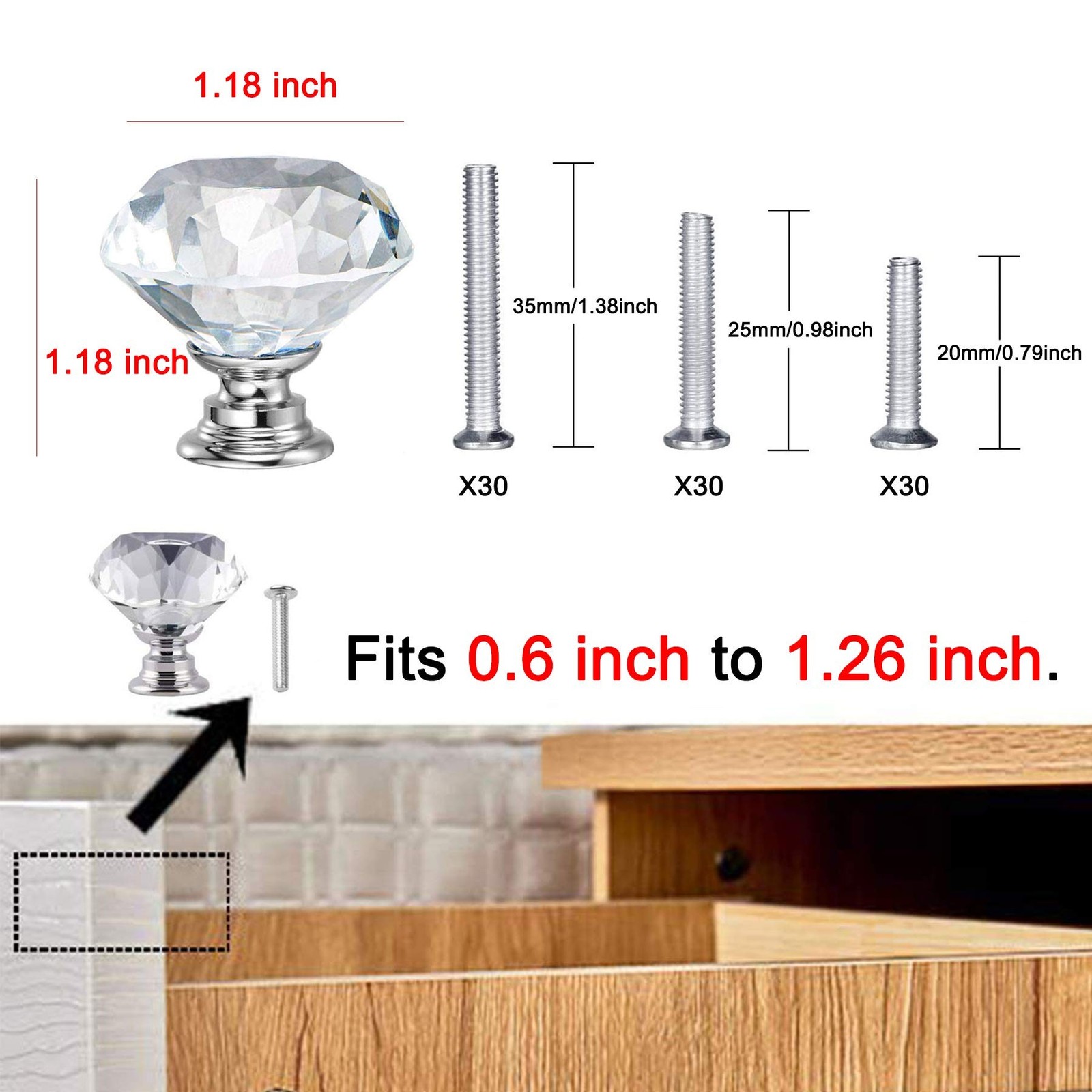 YourGift 30 Pack Drawer Knobs Diamond Shaped Crystal Glass 30mm Cabinet Knobs…