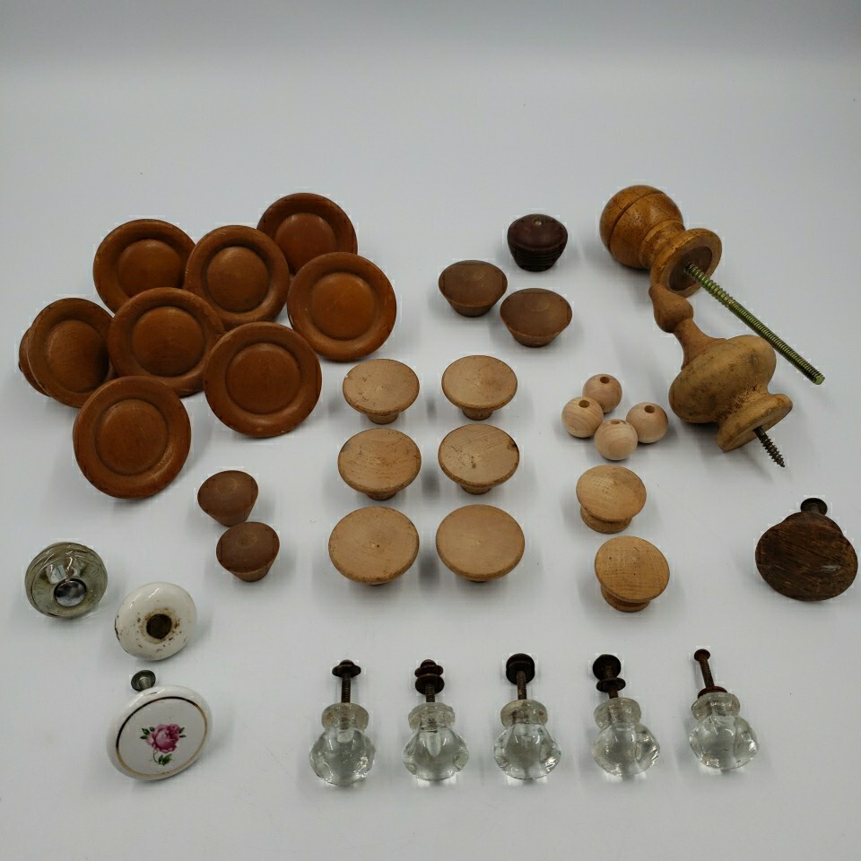 Vintage Lot of 28 Crystal Glass Wood Drawer Cabinet Pulls Knobs Handles Salvage