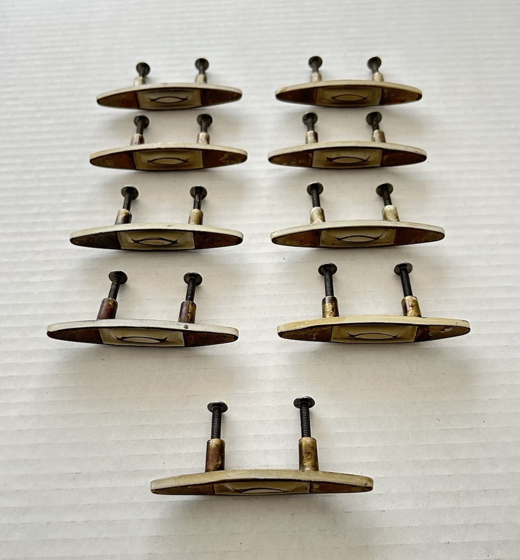 Art Deco MCM Atomic Oblong Gold Tone Raised Lenticular Shape Drawer Pulls X 9