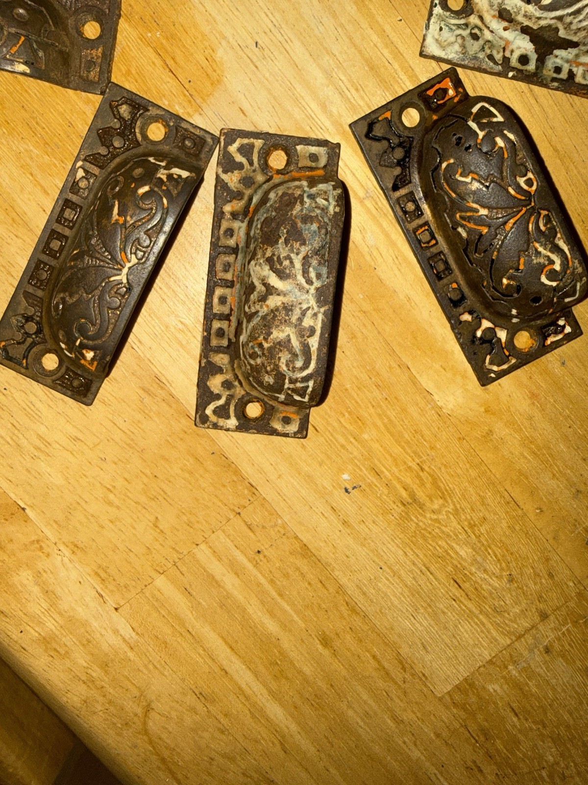 8 vintage VICTORIAN Art NOUVEAU cast IRON Eastlake CABINET drawer PULLS handles