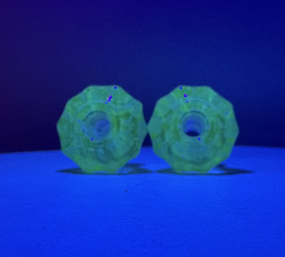 2 Antique GREEN URANIUM DEPRESSION GLASS Knobs Pulls Cabinet 1 1/8”—GLOWS!