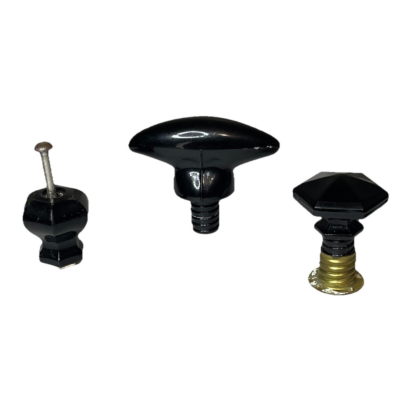 Vintage Black Glass Drawer Cabinet Knobs Pulls Mixed Styles Art Deco Lot of 3