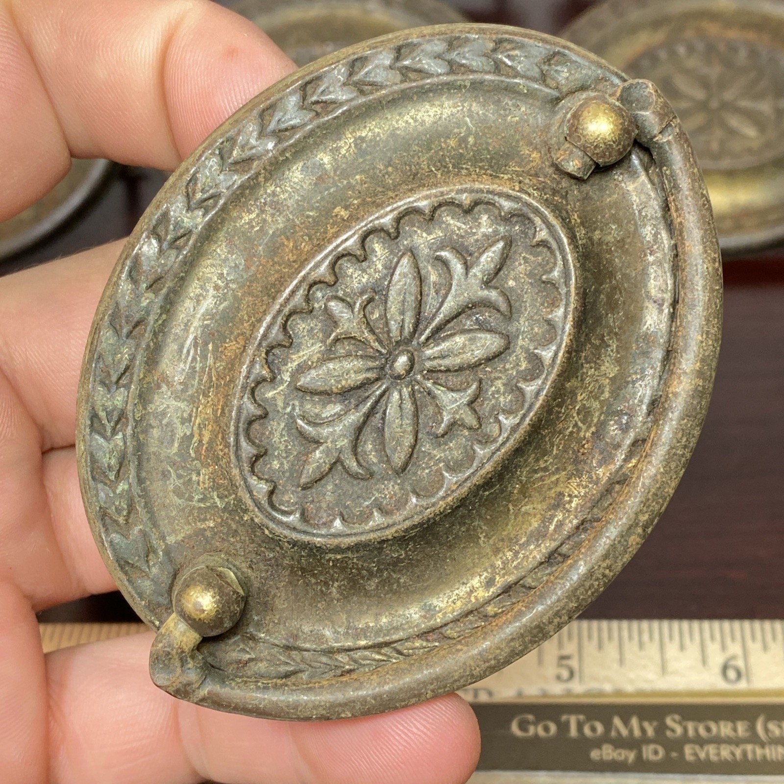 2.5” Hepplewhite Drop Bail Oval Antique Brass Plated 12 Vtg drawer Pulls handles