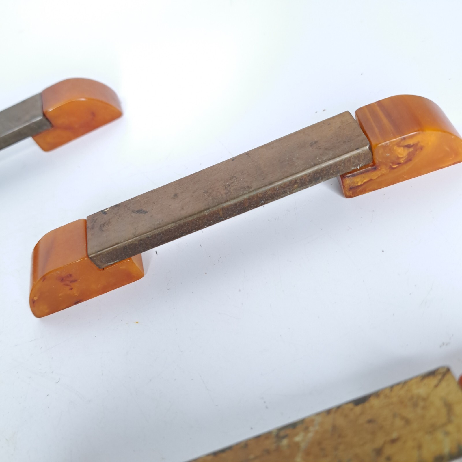 9 Antique ART DECO Butterscotch Bakelite Brass Plated Bar Drawer Pulls Reclaimed