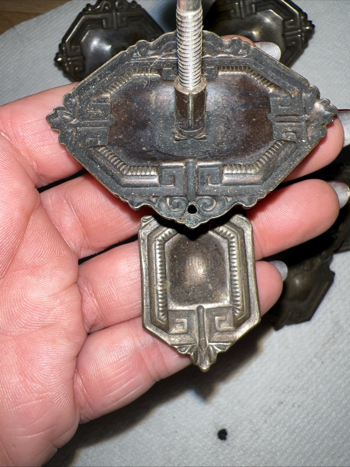 4 VTG Brass Drawer Pulls Set Greek Key Art Deco Revival Cabinet Hardware