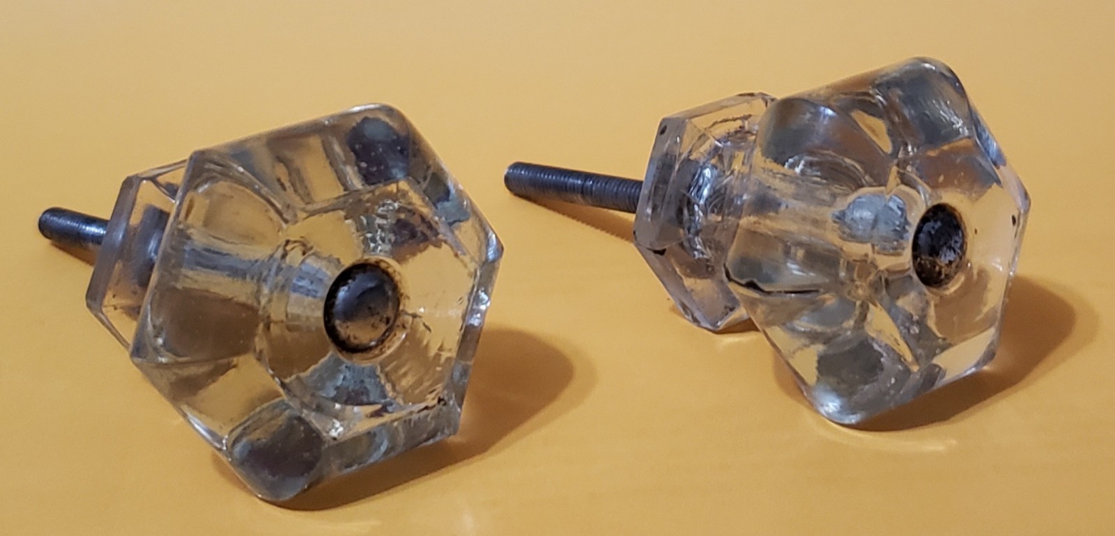 2 Antique Hexagonal Clear Glass Drawer Knobs 1.5″ x 1.3125″
