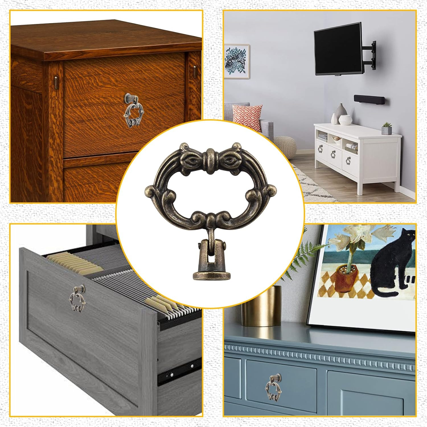 Luomorgo 6 Pcs Antique Bronze Drop Ring Drawer Pulls, Vintage Cabinet Pull Handl