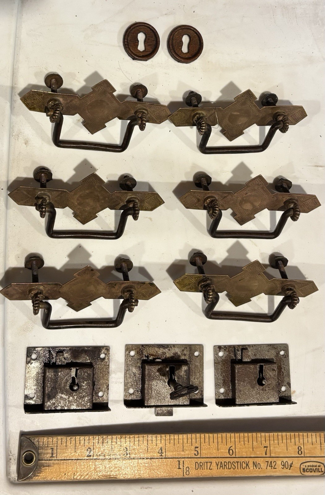 Eastlake Brass Bureau Complete Handle Set (6), Drawer Locks w/Original Key